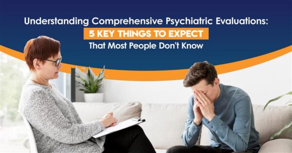 A therapist sits with a distressed man during a session, illustrating the process of Understanding Comprehensive Psychiatric Evaluations. Text overlay highlights '5 Key Things to Expect That Most People Don’t Know.
