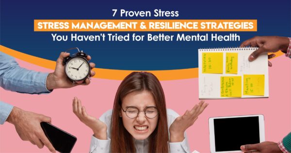 7 Proven Stress Management & Resilience Strategies You Haven’t Tried for Better Mental Health-02 Stressed woman surrounded by clock, phone, notes, and tablet with text about stress management and resilience strategies.
