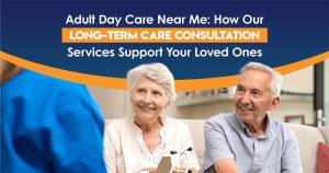 Smiling senior couple meeting with a caregiver during a consultation about adult day care near me services in Central Connecticut