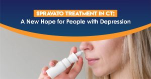Spravato treatment in CT – image of a woman using a nasal spray, representing esketamine therapy for treatment-resistant depression.