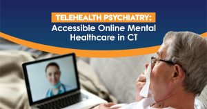 Elderly man using telehealth psychiatry services on a laptop from home, speaking with a female doctor on a video call. 'Telehealth Psychiatry: Accessible Online Mental Healthcare in CT'.