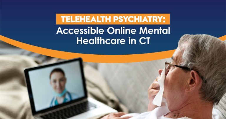 Elderly man using telehealth psychiatry services on a laptop from home, speaking with a female doctor on a video call. 'Telehealth Psychiatry: Accessible Online Mental Healthcare in CT'.