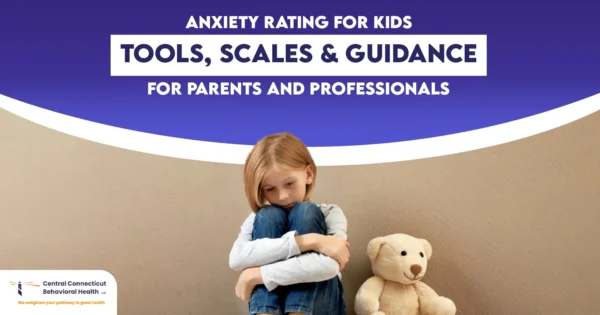 Anxiety Rating for Kids Tools, Scales & Guidance for Parents and Professionals-01 Anxiety rating for kids – sad child sitting with knees hugged beside teddy bear, highlighting tools, scales, and guidance for parents and professionals.