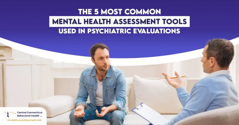 Psychiatrist and patient discussing mental health assessment tools during a psychiatric evaluation session at Central Connecticut Behavioral Health