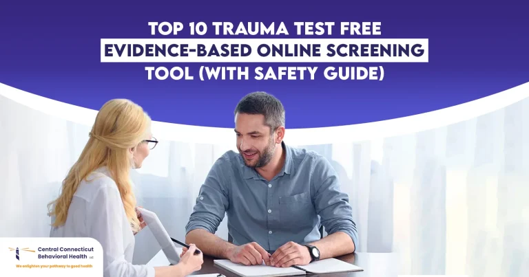 Therapist consulting with patient during trauma test session – promoting top 10 evidence-based trauma test free online screening tool with safety guide.
