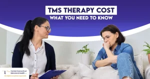 A therapist consulting with a patient about TMS therapy cost and treatment options at Central Connecticut Behavioral Health.