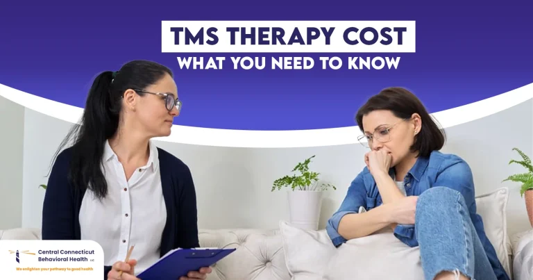 A therapist consulting with a patient about TMS therapy cost and treatment options at Central Connecticut Behavioral Health.