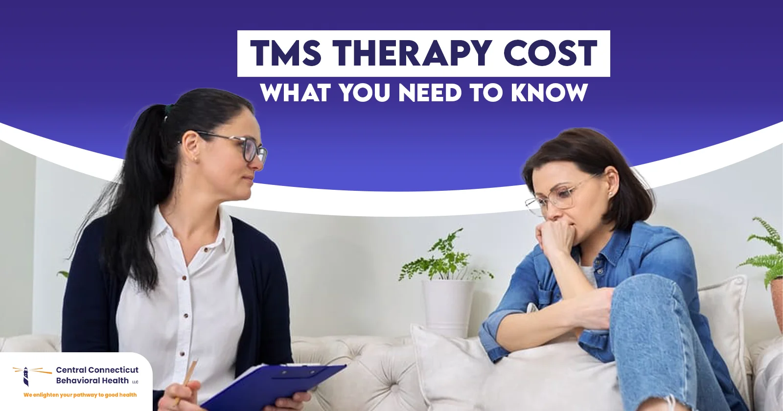 A therapist consulting with a patient about TMS therapy cost and treatment options at Central Connecticut Behavioral Health.
