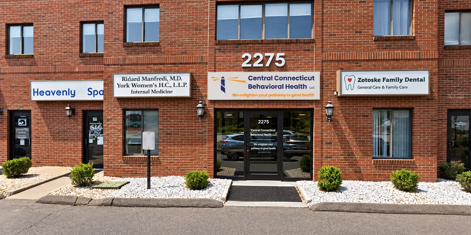 Exterior entrance of the Central Connecticut Behavioral Health office at 2275 Silas Deane Highway in Rocky Hill